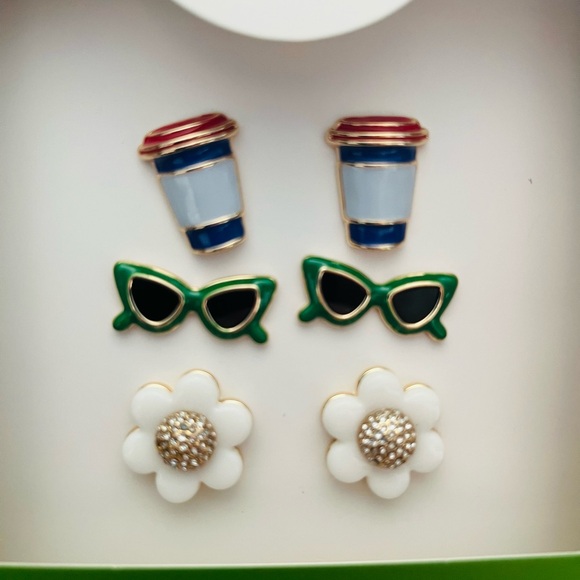 Kate Spade Multicolor Earring Set of 3 New In Box.  Coffee, Sunglasses & Daisies - Picture 3 of 4